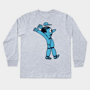 Blueman  a cartoon man's baseball cap blows off his head in shock Kids Long Sleeve T-Shirt